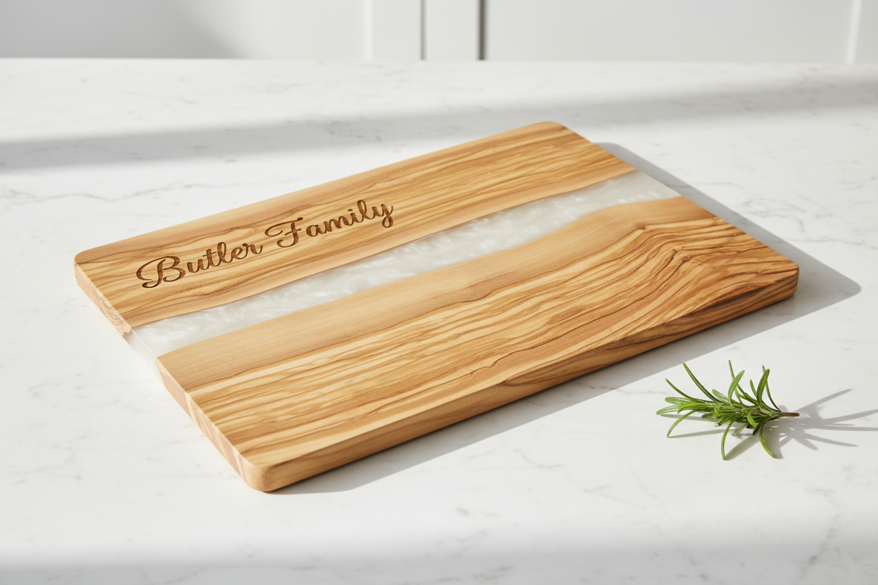 Custom Olive Wood and White Resin Cutting Board